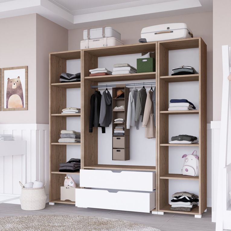 Guardaroba Grande Bianco Marrone Rovere 2 Cassetti Appendiabiti 170x183h cm, 9 Ripiani - Summonte