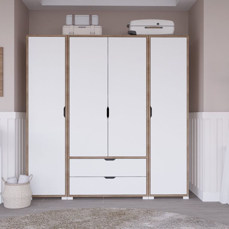 Guardaroba Grande Bianco Marrone Rovere 2 Cassetti Appendiabiti 170x183h cm, 9 Ripiani - Summonte