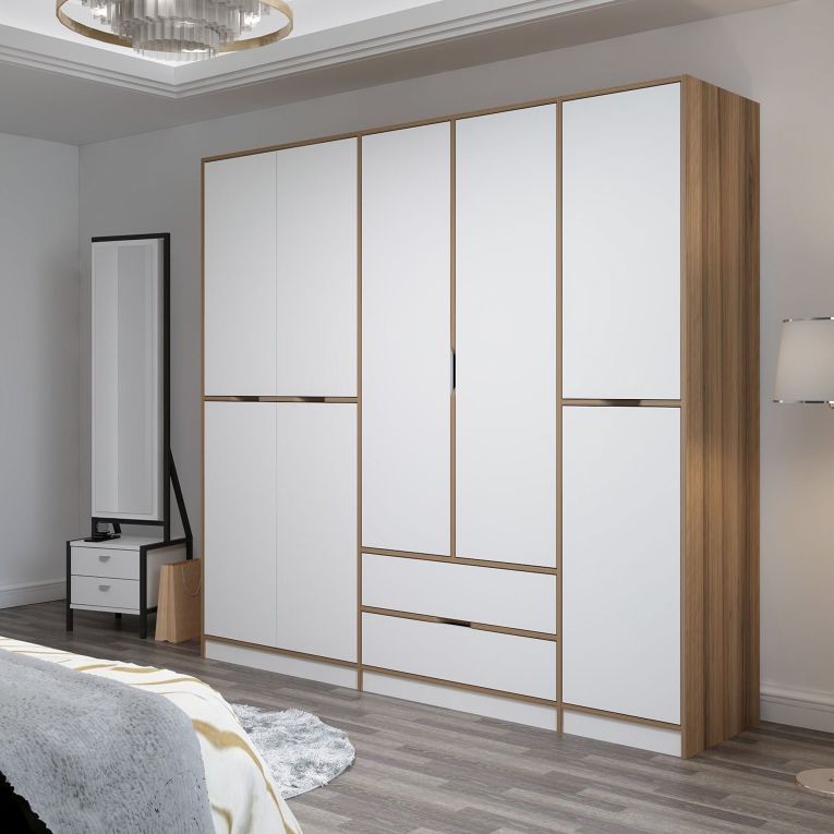 Guardaroba Grande Bianco Marrone Rovere 2 Cassetti Appendiabiti 232x208h cm, 8 Ripiani - Sarcedo