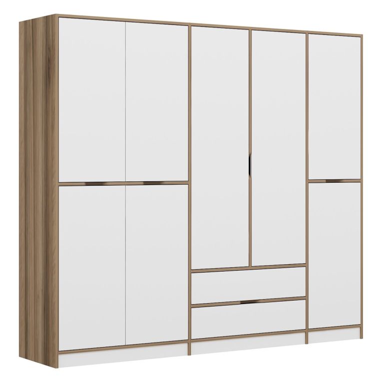 Guardaroba Grande Bianco Marrone Rovere 2 Cassetti Appendiabiti 232x208h cm, 8 Ripiani - Sarcedo