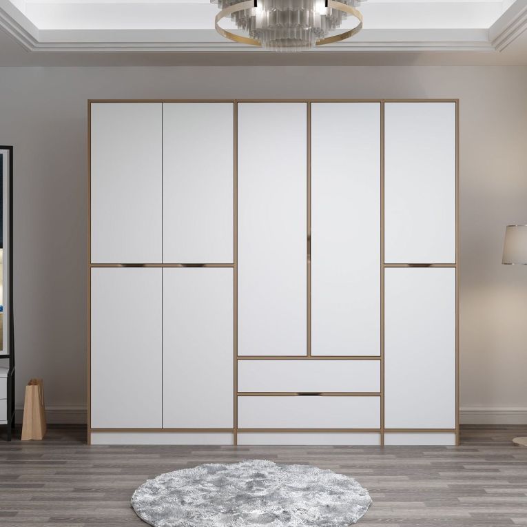 Guardaroba Grande Bianco Marrone Rovere 2 Cassetti Appendiabiti 232x208h cm, 8 Ripiani - Sarcedo