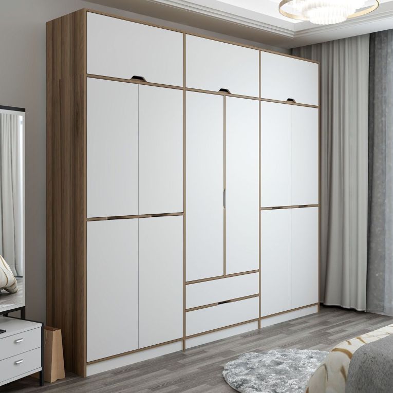 Guardaroba Grande Bianco Marrone Rovere 2 Cassetti Appendiabiti 277x253h cm, 4 Ripiani - Fissiraga