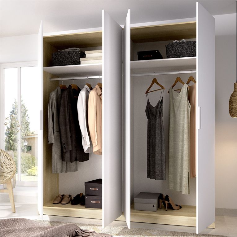 Guardaroba Grande Bianco Marrone Rovere 2 Ripiani Appendiabiti 51x204h cm, Cassetti - Holder