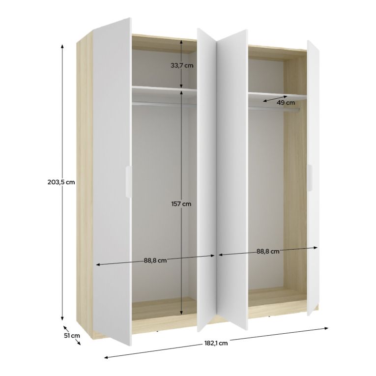 Guardaroba Grande Bianco Marrone Rovere 2 Ripiani Appendiabiti 51x204h cm, Cassetti - Holder
