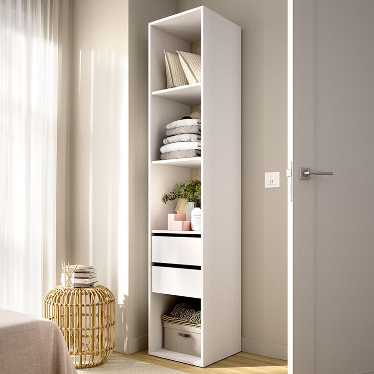 Guardaroba Grande Bianco Marrone Rovere 3 Ripiani 2 Cassetti 45x205h cm, Apertura Scorrevole - Claymont