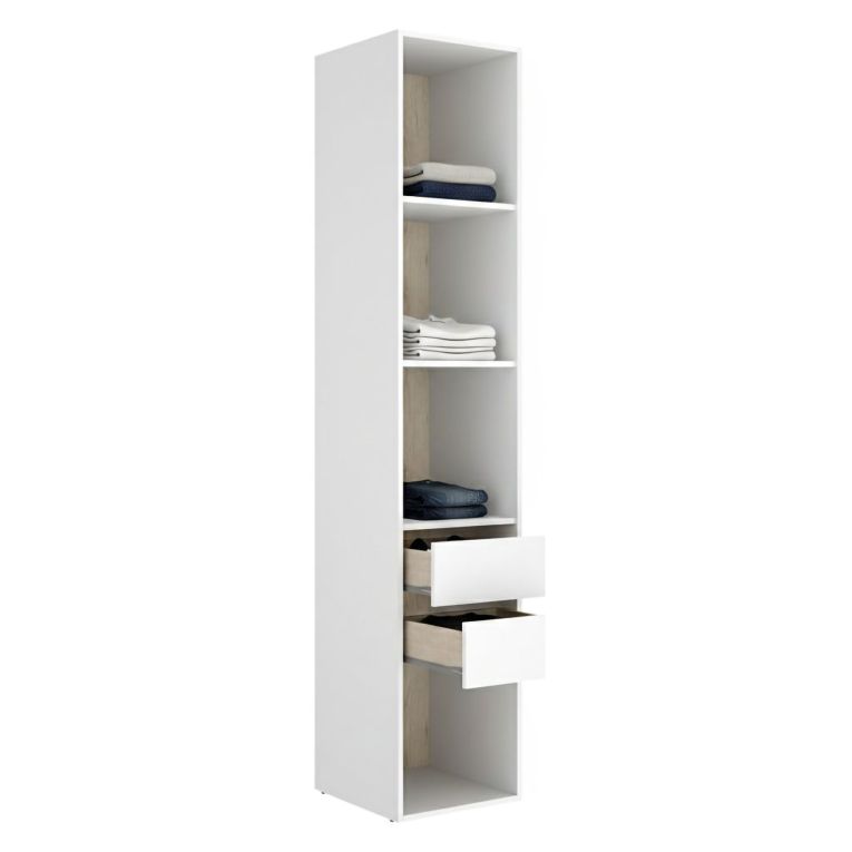Guardaroba Grande Bianco Marrone Rovere 3 Ripiani 2 Cassetti 45x205h cm, Apertura Scorrevole - Claymont