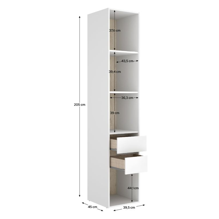 Guardaroba Grande Bianco Marrone Rovere 3 Ripiani 2 Cassetti 45x205h cm, Apertura Scorrevole - Claymont