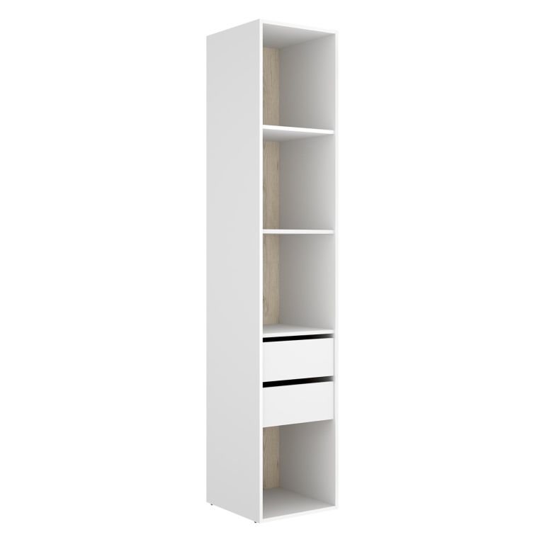 Guardaroba Grande Bianco Marrone Rovere 3 Ripiani 2 Cassetti 45x205h cm, Apertura Scorrevole - Claymont