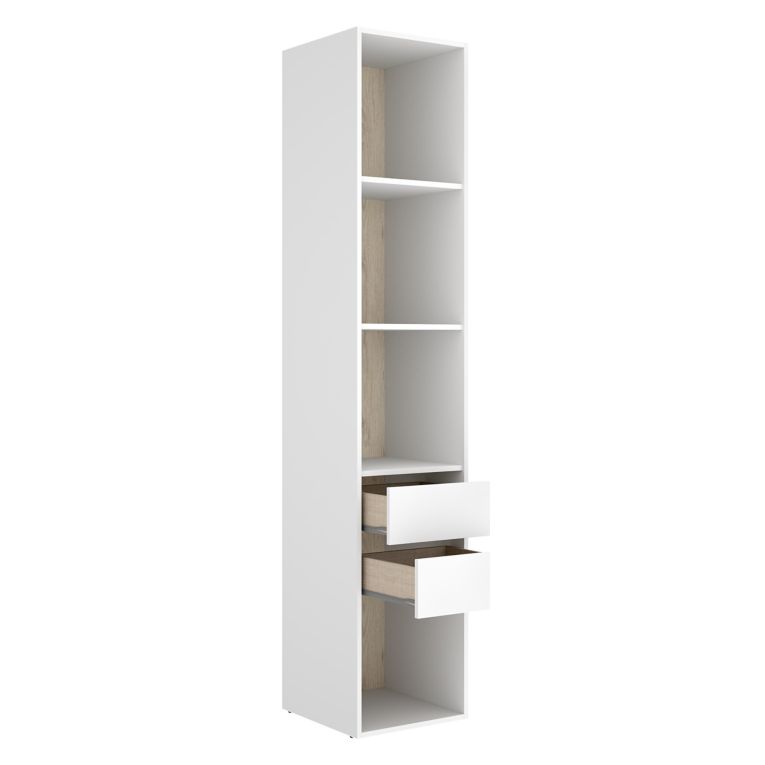 Guardaroba Grande Bianco Marrone Rovere 3 Ripiani 2 Cassetti 45x205h cm, Apertura Scorrevole - Claymont