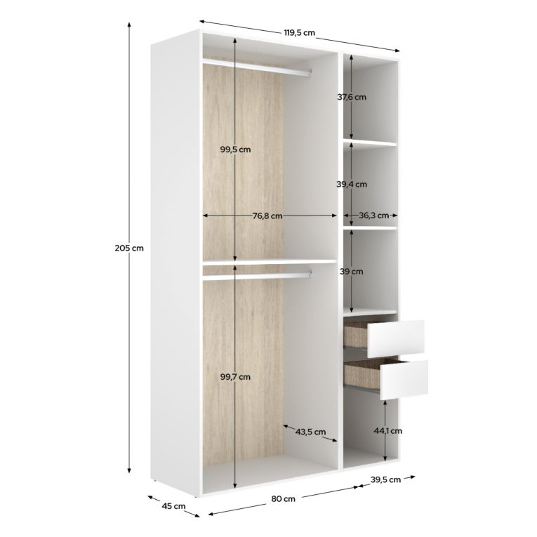 Guardaroba Grande Bianco Marrone Rovere 4 Ripiani Appendiabiti 45x205h cm, 2 Cassetti - Fellowship