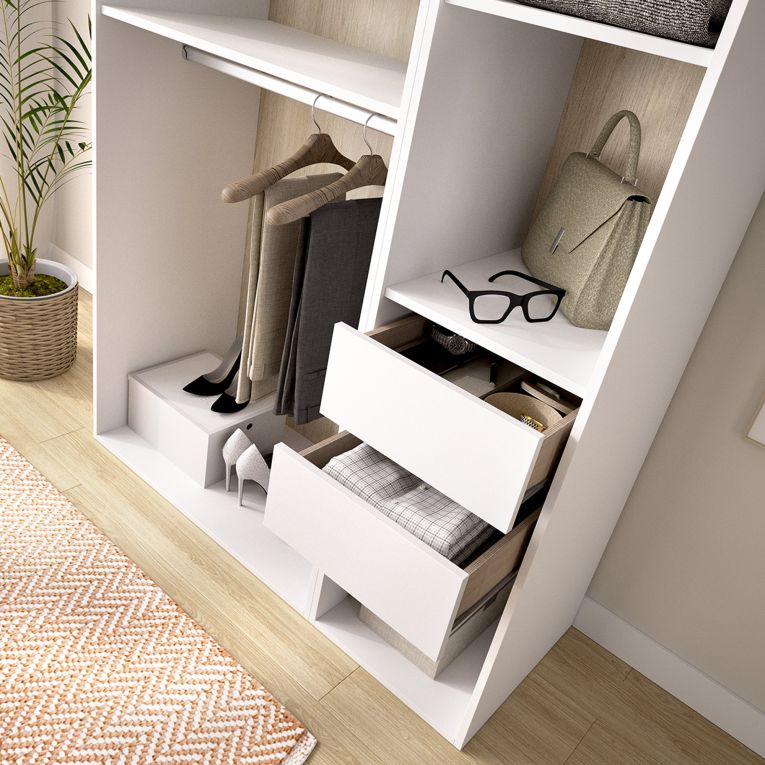 Guardaroba Grande Bianco Marrone Rovere 4 Ripiani Appendiabiti 45x205h cm, 2 Cassetti - Fellowship