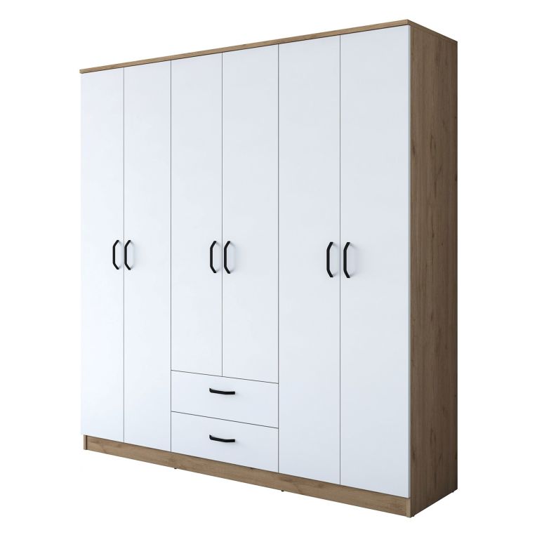 Guardaroba Grande Bianco Marrone Rovere 5 Ripiani 2 Cassetti 180x191h cm, Appendiabiti - Ton