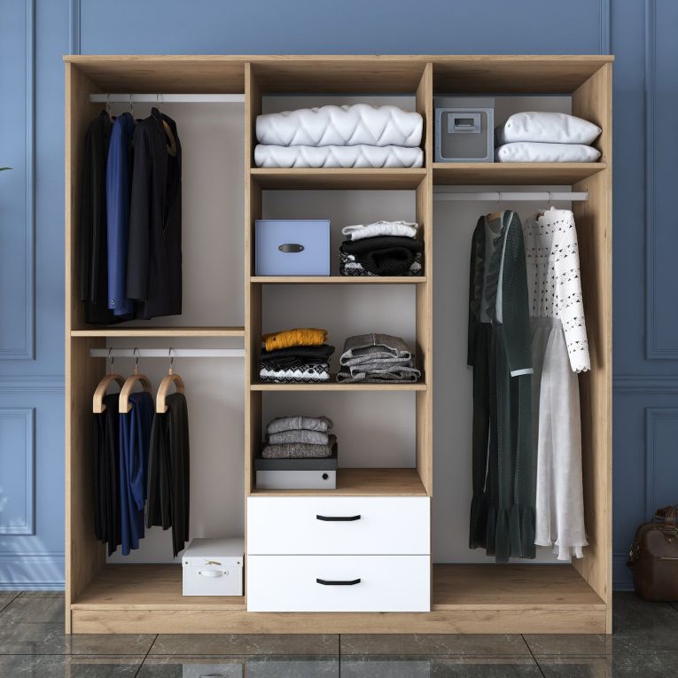 Guardaroba Grande Bianco Marrone Rovere 5 Ripiani 2 Cassetti 180x191h cm, Appendiabiti - Ton