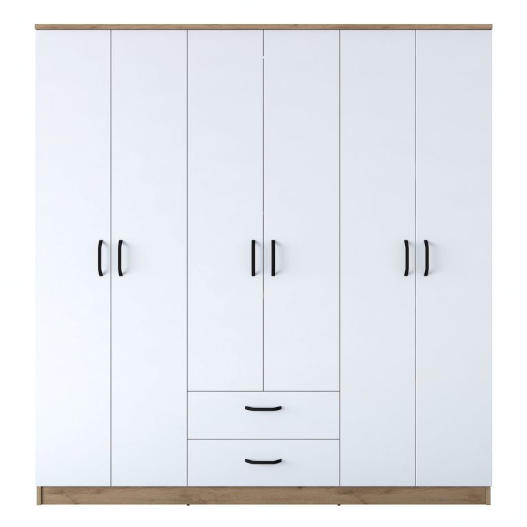 Guardaroba Grande Bianco Marrone Rovere 5 Ripiani 2 Cassetti 180x191h cm, Appendiabiti - Ton