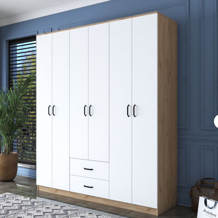 Guardaroba Grande Bianco Marrone Rovere 5 Ripiani 2 Cassetti 180x210h cm, Appendiabiti - Tadasuni