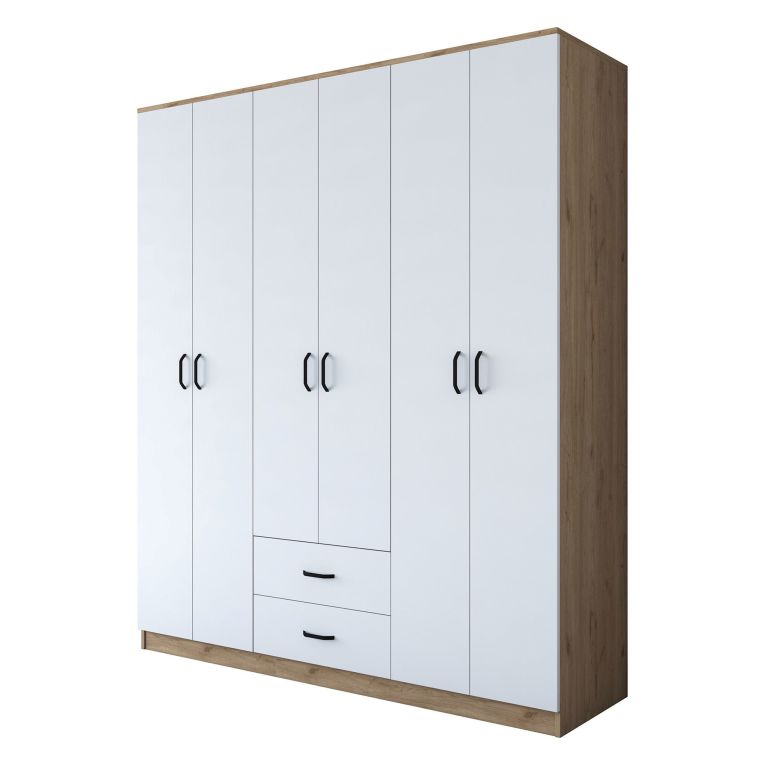 Guardaroba Grande Bianco Marrone Rovere 5 Ripiani 2 Cassetti 180x210h cm, Appendiabiti - Tadasuni