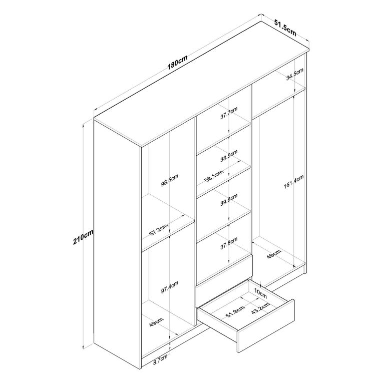 Guardaroba Grande Bianco Marrone Rovere 5 Ripiani 2 Cassetti 180x210h cm, Appendiabiti - Tadasuni