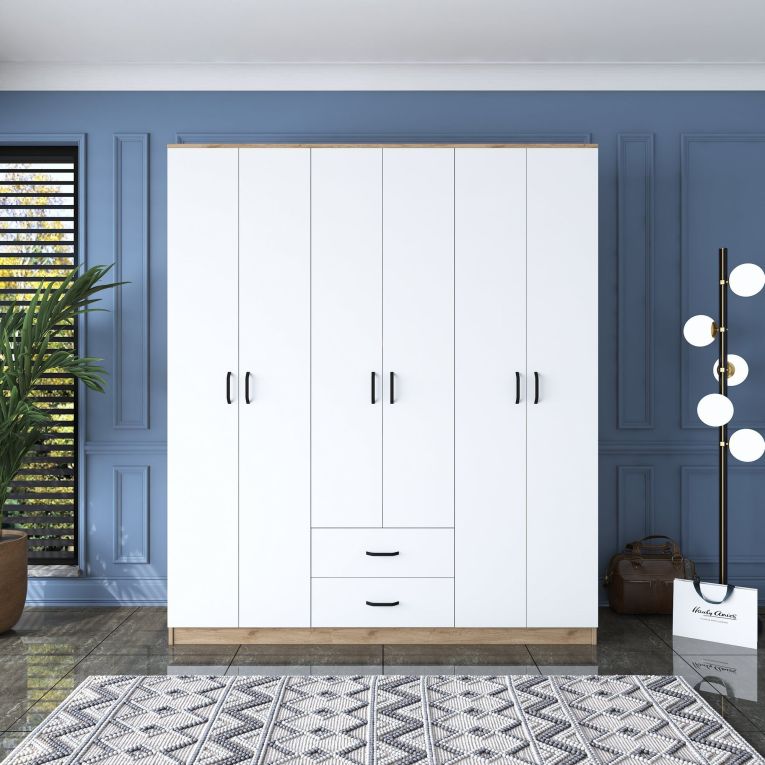 Guardaroba Grande Bianco Marrone Rovere 5 Ripiani 2 Cassetti 180x210h cm, Appendiabiti - Tadasuni