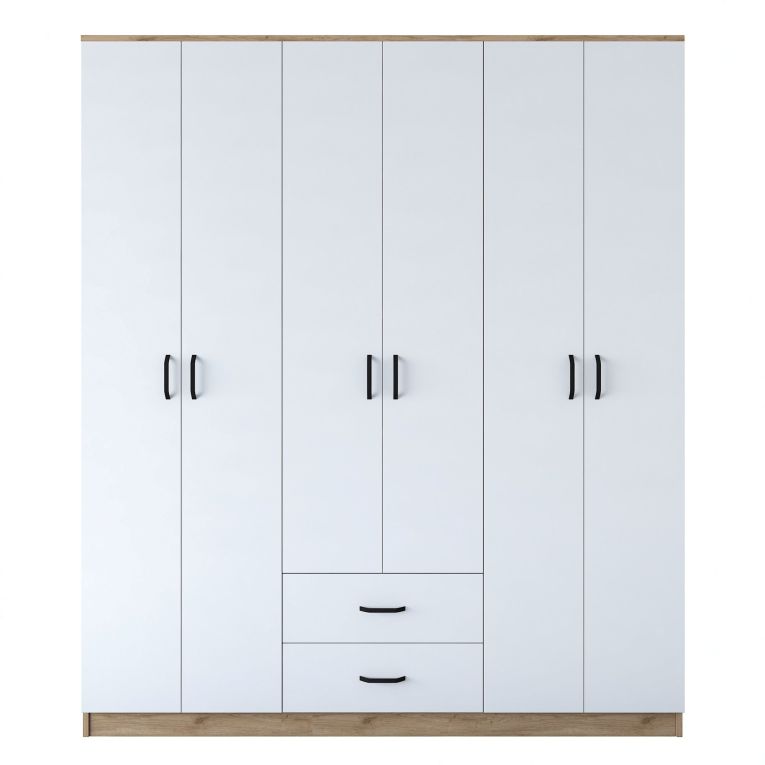 Guardaroba Grande Bianco Marrone Rovere 5 Ripiani 2 Cassetti 180x210h cm, Appendiabiti - Tadasuni