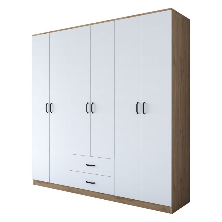 Guardaroba Grande Bianco Marrone Rovere 5 Ripiani 2 Cassetti 210x210h cm, Appendiabiti - Vandoies