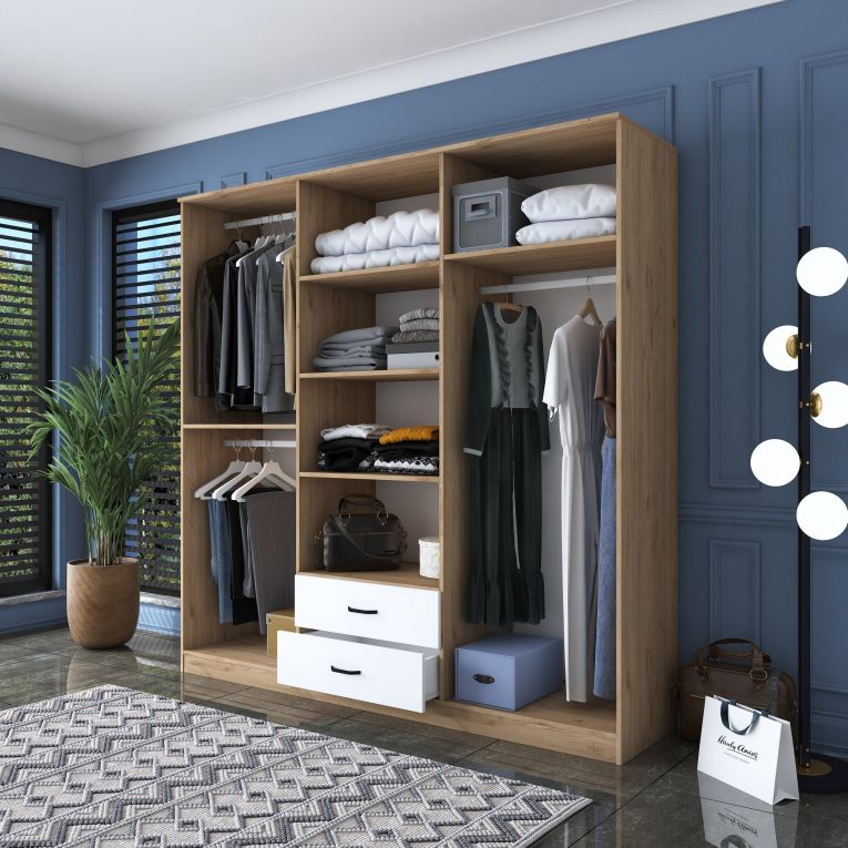 Guardaroba Grande Bianco Marrone Rovere 5 Ripiani 2 Cassetti 210x210h cm, Appendiabiti - Vandoies