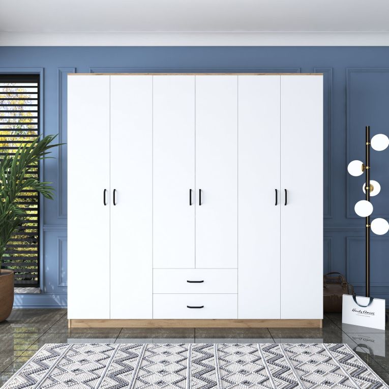 Guardaroba Grande Bianco Marrone Rovere 5 Ripiani 2 Cassetti 210x210h cm, Appendiabiti - Vandoies