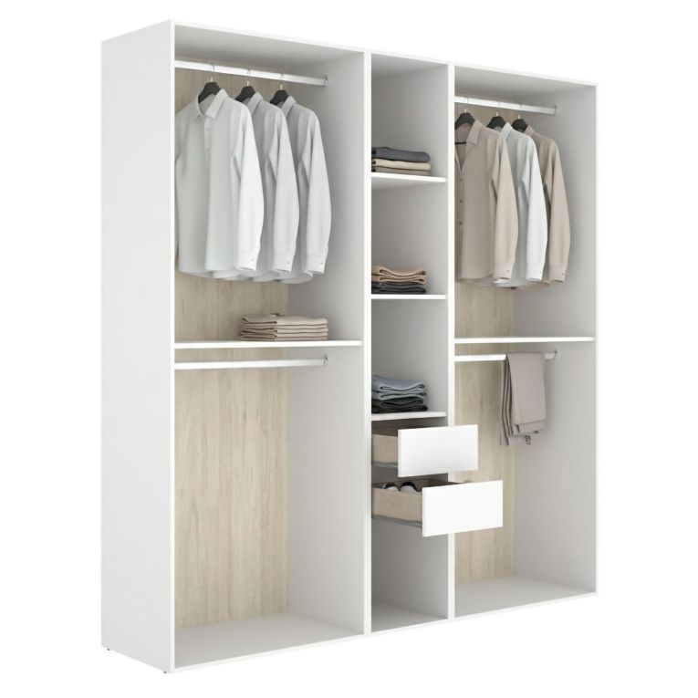 Guardaroba Grande Bianco Marrone Rovere 5 Ripiani Appendiabiti 45x205h cm, 2 Cassetti - Rector