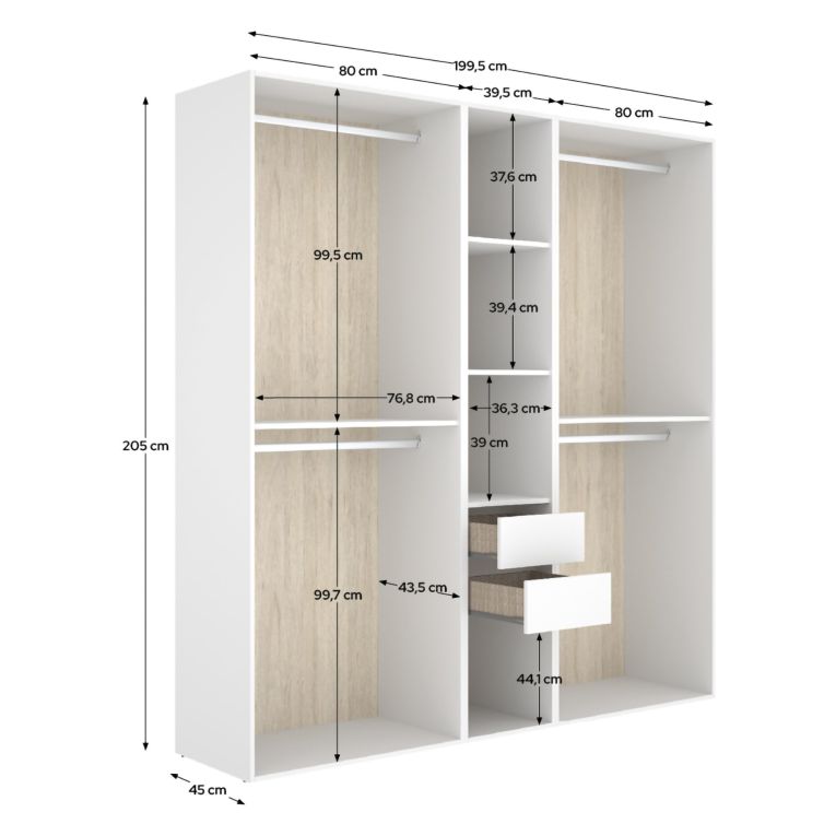 Guardaroba Grande Bianco Marrone Rovere 5 Ripiani Appendiabiti 45x205h cm, 2 Cassetti - Rector