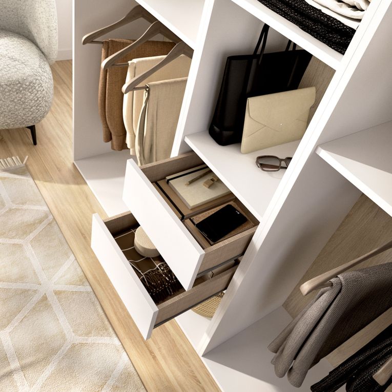 Guardaroba Grande Bianco Marrone Rovere 5 Ripiani Appendiabiti 45x205h cm, 2 Cassetti - Rector