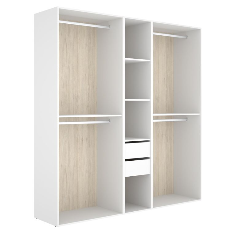 Guardaroba Grande Bianco Marrone Rovere 5 Ripiani Appendiabiti 45x205h cm, 2 Cassetti - Rector