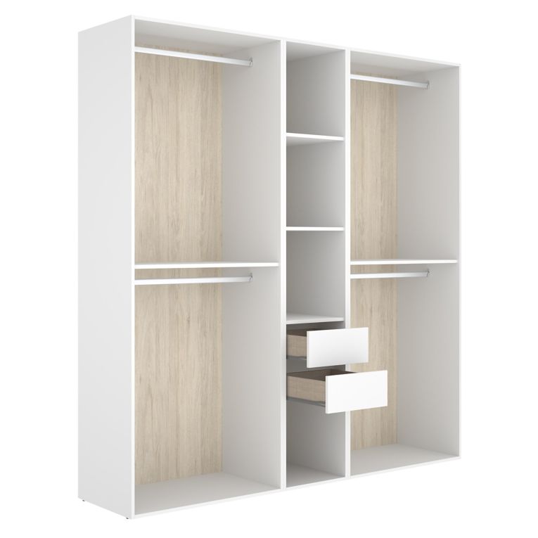 Guardaroba Grande Bianco Marrone Rovere 5 Ripiani Appendiabiti 45x205h cm, 2 Cassetti - Rector
