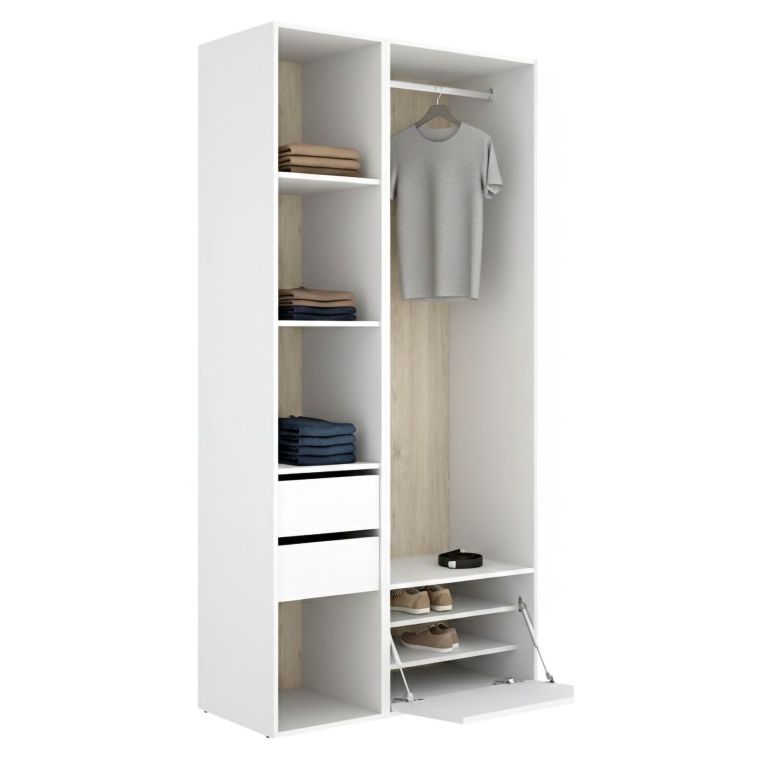 Guardaroba Grande Bianco Marrone Rovere 6 Ripiani Appendiabiti 45x205h cm, 2 Cassetti - Cornwell