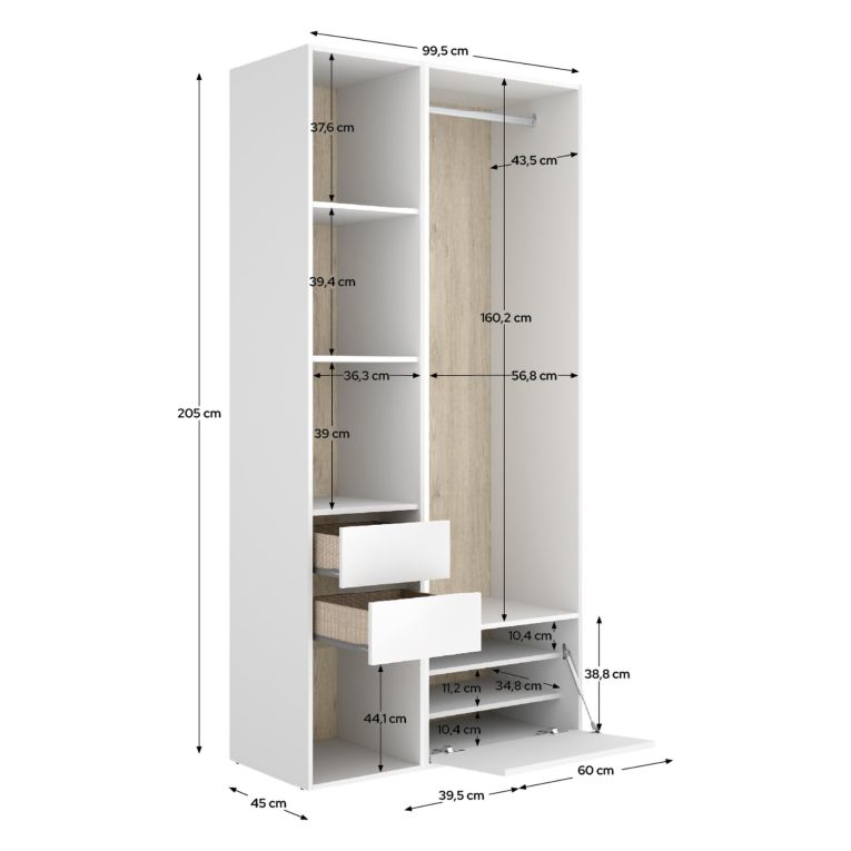 Guardaroba Grande Bianco Marrone Rovere 6 Ripiani Appendiabiti 45x205h cm, 2 Cassetti - Cornwell
