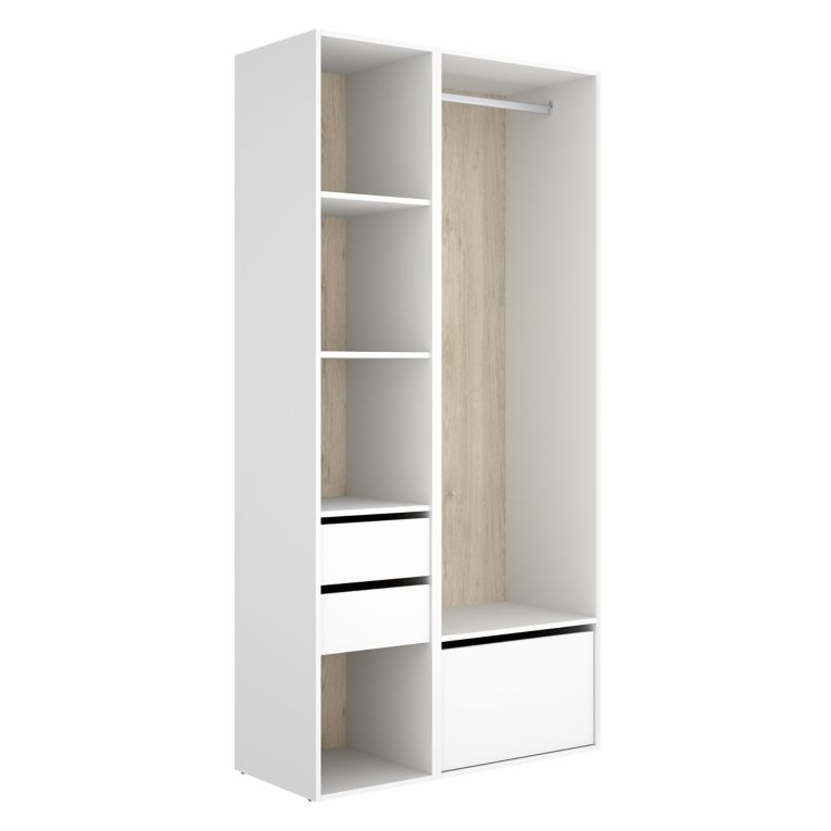 Guardaroba Grande Bianco Marrone Rovere 6 Ripiani Appendiabiti 45x205h cm, 2 Cassetti - Cornwell