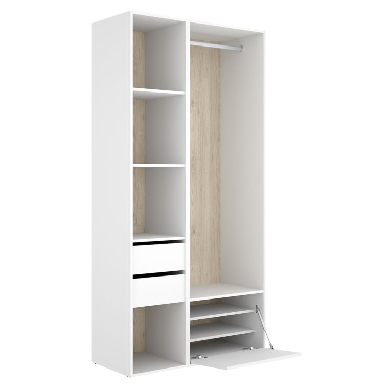 Guardaroba Grande Bianco Marrone Rovere 6 Ripiani Appendiabiti 45x205h cm, 2 Cassetti - Cornwell