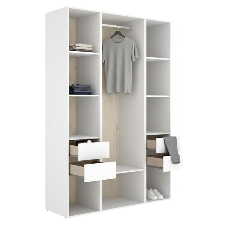 Guardaroba Grande Bianco Marrone Rovere 7 Ripiani Appendiabiti 45x205h cm, 4 Cassetti - Bellwood