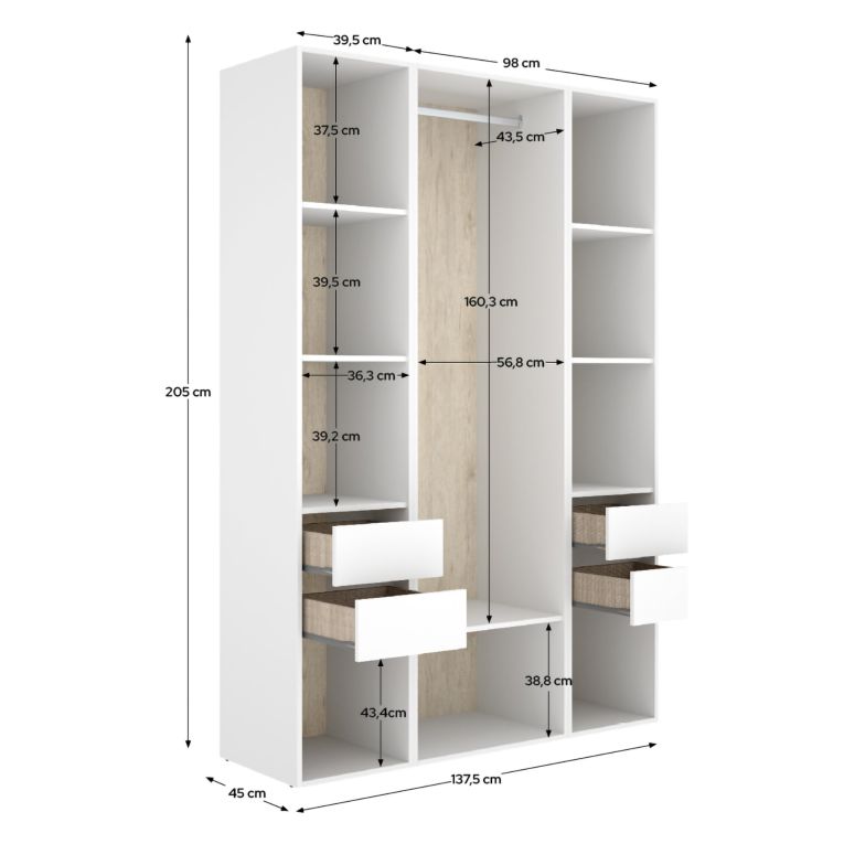 Guardaroba Grande Bianco Marrone Rovere 7 Ripiani Appendiabiti 45x205h cm, 4 Cassetti - Bellwood