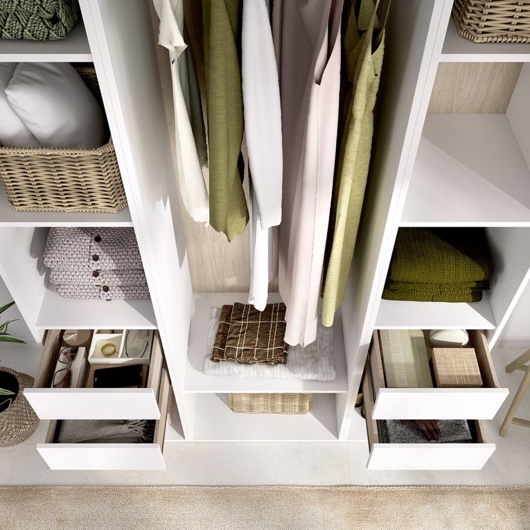 Guardaroba Grande Bianco Marrone Rovere 7 Ripiani Appendiabiti 45x205h cm, 4 Cassetti - Bellwood