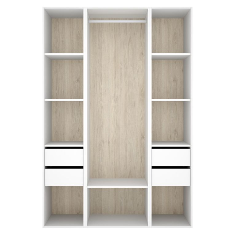 Guardaroba Grande Bianco Marrone Rovere 7 Ripiani Appendiabiti 45x205h cm, 4 Cassetti - Bellwood
