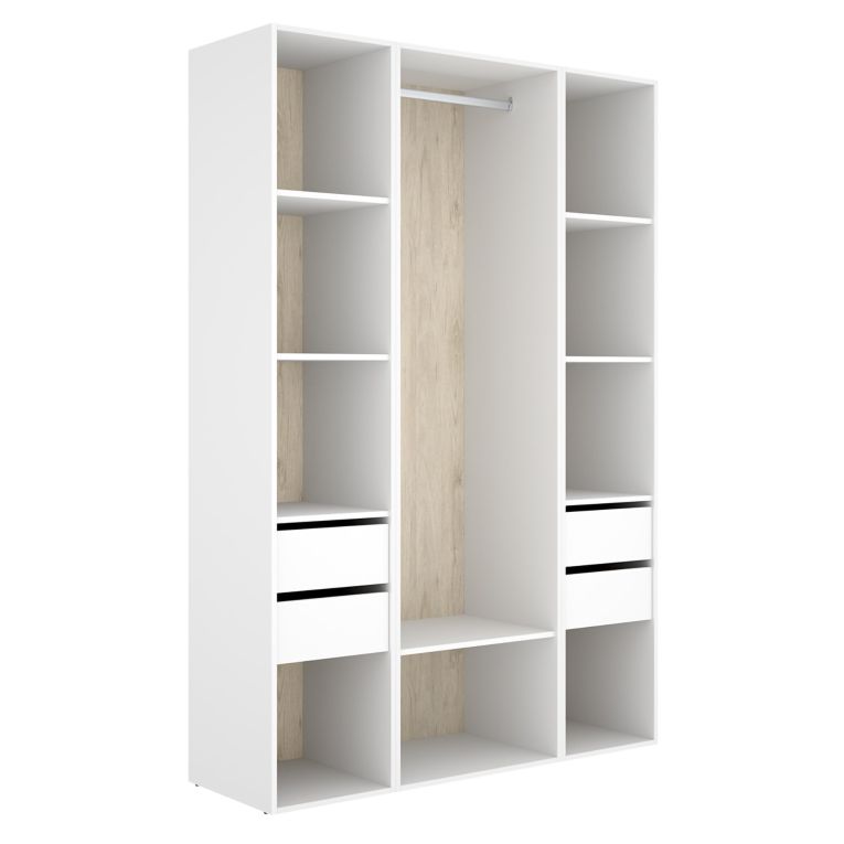 Guardaroba Grande Bianco Marrone Rovere 7 Ripiani Appendiabiti 45x205h cm, 4 Cassetti - Bellwood