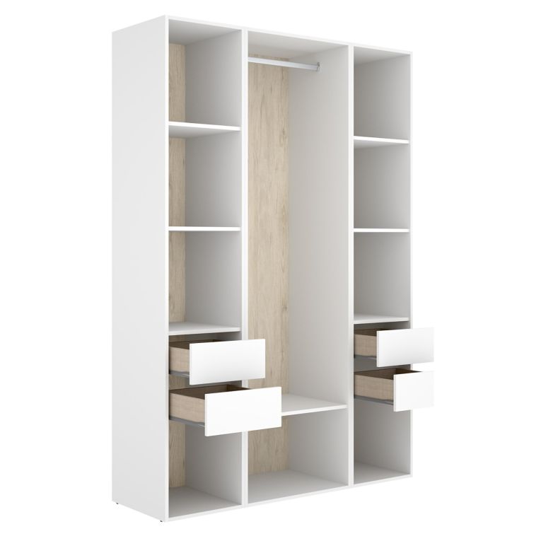 Guardaroba Grande Bianco Marrone Rovere 7 Ripiani Appendiabiti 45x205h cm, 4 Cassetti - Bellwood