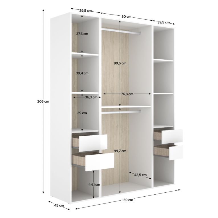 Guardaroba Grande Bianco Marrone Rovere 7 Ripiani Appendiabiti 45x205h cm, 4 Cassetti - Gardiner