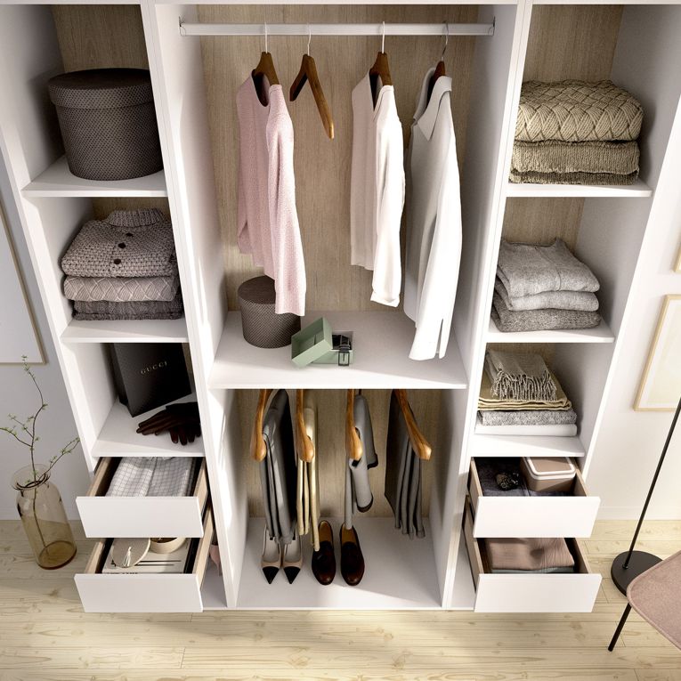 Guardaroba Grande Bianco Marrone Rovere 7 Ripiani Appendiabiti 45x205h cm, 4 Cassetti - Gardiner