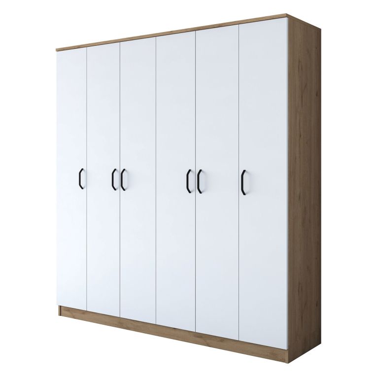Guardaroba Grande Bianco Marrone Rovere Appendiabiti 14 Ripiani 180x191h cm, Apertura Battente - Postua