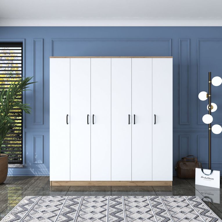 Guardaroba Grande Bianco Marrone Rovere Appendiabiti 14 Ripiani 180x191h cm, Apertura Battente - Postua