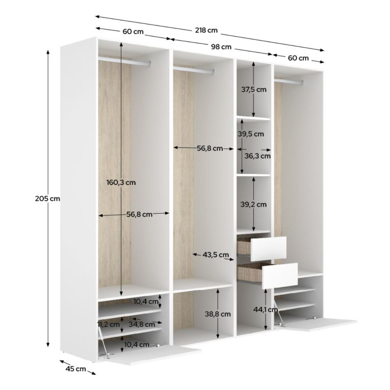 Guardaroba Grande Bianco Marrone Rovere Modulabile 10 Ripiani 45x205h cm, Appendiabiti - Hawthorne