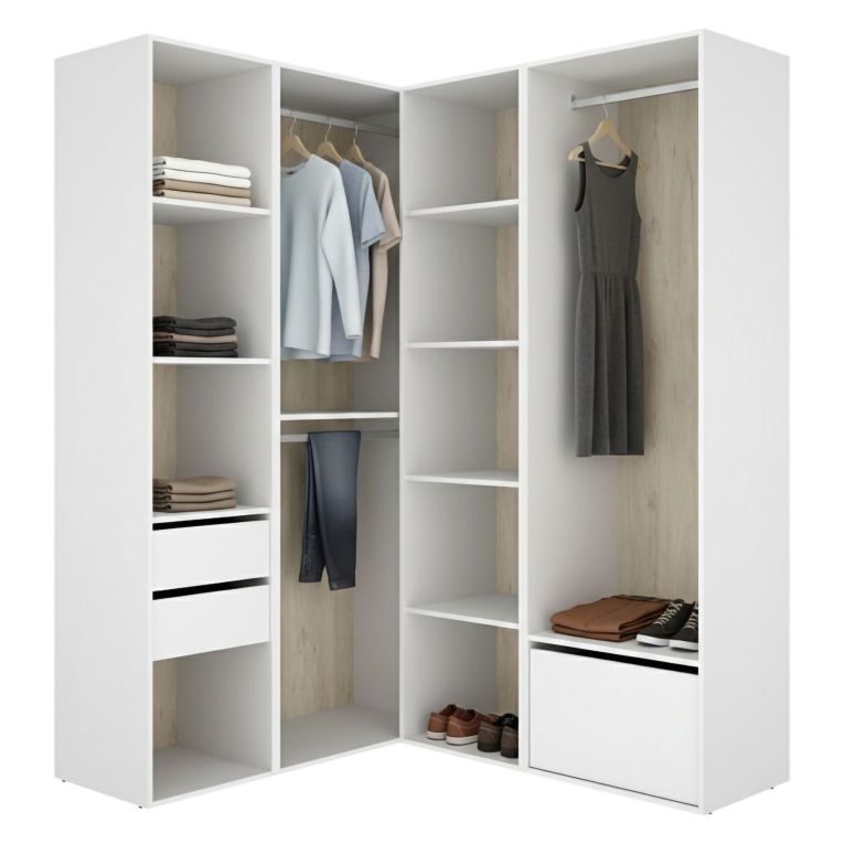 Guardaroba Grande Bianco Marrone Rovere Modulabile 11 Ripiani 145x205h cm, Appendiabiti - Rawlinson