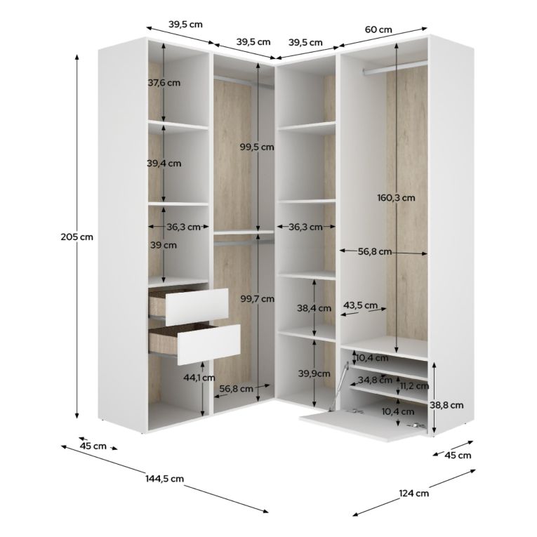 Guardaroba Grande Bianco Marrone Rovere Modulabile 11 Ripiani 145x205h cm, Appendiabiti - Rawlinson