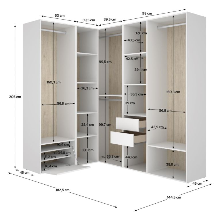 Guardaroba Grande Bianco Marrone Rovere Modulabile 12 Ripiani 186x205h cm, Appendiabiti - Atwood