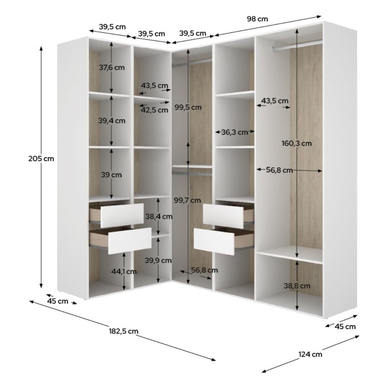 Guardaroba Grande Bianco Marrone Rovere Modulabile 12 Ripiani 186x205h cm, Appendiabiti - Boughton